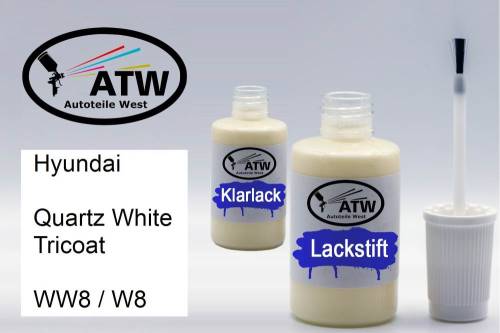 Hyundai, Quartz White Tricoat, WW8 / W8: 20ml Lackstift + 20ml Klarlack - Set, von ATW Autoteile West.